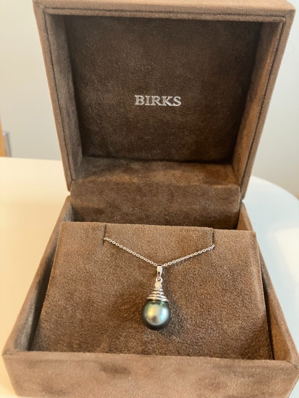 Maison Birks Black Tahitian Pearl Drop Necklace, Diamond setting 18k White Gold